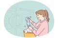 Woman throws dirty laundry into washing machine to make laundry fresh and smell good. Vector image Royalty Free Stock Photo