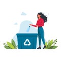 Woman throws plastic bottle into trash can, garbage recycling sign concept of caring for environment and sorting garbage