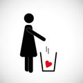 Woman throws red heart in the trash pictogram icon