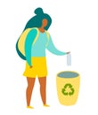 Woman throws trash in the trash can vector illustration.