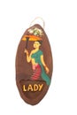 Woman toilet sign on natural teak wood.