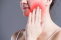 Woman with toothache, teeth pain closeup