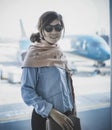 Woman toothy smiling face happiness traveling in airport