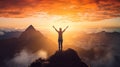 A woman on top of the mountain with arms open to a welcoming new day with sunrise success. Successful women have attained peaks of