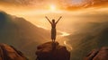 A woman on top of the mountain with arms open to a welcoming new day with sunrise success. Successful women have attained peaks of