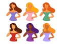 Woman touches her beautiful hair. Attractive body, elegant hands. Female avatars with stylish hairstyle vector icons