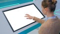 Woman touching blank white display kiosk at exhibition - white screen concept Royalty Free Stock Photo