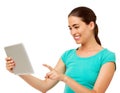 Woman Touching Digital Tablet Over White Background
