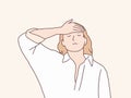 Woman touching her feverish hot forehead simple korean style illustration