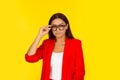 Woman touching holding eyeglasses smiling