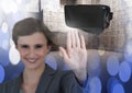 Woman touching and interacting with virtual reality headset with transition effect Royalty Free Stock Photo