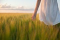 Woman touching wheat ear in wheat field Royalty Free Stock Photo
