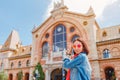 tourist in the background of the building of the Central Market in Budapest, Hungary