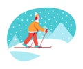 Woman Tourist Character on Vacation Trip or Journey Skiing in Snowy Mountains Vector Illustration