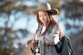 Woman, tourist and checking watch in hiking, adventure or backpacking journey in the nature outdoors. Female hiker Royalty Free Stock Photo