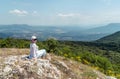 Woman Tourist in Crimean Mountains Panorama View