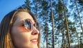 Woman tourist enjoying fresh air in the woods Royalty Free Stock Photo