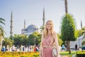 Woman tourist enjoying the view Blue Mosque, Sultanahmet Camii, Istanbul, Turkey Royalty Free Stock Photo