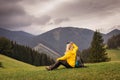 Woman tourist enjoying view after succesfully hike Royalty Free Stock Photo