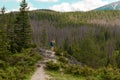 Lifestyle travel adventure outdoor summer vacations tourist with backpack enjoying beautiful view of green hills Royalty Free Stock Photo