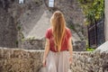 Woman tourist in Herceg Novi old town. Historical and touristic center of Herceg Novi. Montenegro Royalty Free Stock Photo