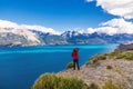 Woman tourist hiking, Chile travel, Bertran lake and mountains beautiful landscape, Chile, Patagonia, South America