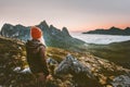 Woman tourist hiking survival in mountains alone Royalty Free Stock Photo