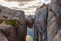 Woman tourist on Kjeragbolten Travel Norway Kjerag mountains