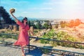 Woman tourist near the gulf and the ruins of Carthage from Byrsa Hill. Tourism in Tunisia, North Africa. Mandraki bay is Royalty Free Stock Photo