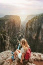 Woman tourist outdoor hiking Tazi canyon in Turkiye travel solo healthy lifestyle eco tourism in mountains Royalty Free Stock Photo