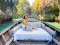 Woman tourist in private longtail boat trip to Lagoon koh hong near Hong island, Krabi, Thailand. landmark, destination, Asia Royalty Free Stock Photo