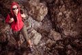 Woman tourist in the rocky grot Royalty Free Stock Photo