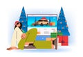 woman tourist in santa claus hat choosing vehicle pick your ride travel tourism start adventure car rental happy new Royalty Free Stock Photo