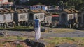 Woman tourist on Soajo settlement in Peneda Geres park.