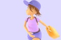 3D Woman Tourist With Suitcase Running, Late To Airport. Worried Teenage Girl In Cap With Baggage On Purple Background