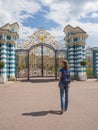 Woman tourist in a tourist spot at the Grand Catherine Palace in Tsarskoye Selo, Russia. Royalty Free Stock Photo