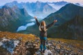 Woman tourist traveling in Norway alone enjoying aerial mountain view hiking in mountains outdoor Royalty Free Stock Photo