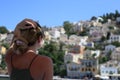 Woman tourist vacation resort looking sea mountains Royalty Free Stock Photo