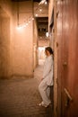 Woman tourist walking in Al Seef Meraas Dubai - old historical district with traditional Arabic architecture Royalty Free Stock Photo