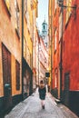 Woman tourist walking alone in Stockholm Royalty Free Stock Photo