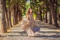 Woman tourist walking in Montenegro. Panoramic summer landscape of the beautiful green Royal park Milocer on the shore Royalty Free Stock Photo