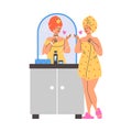 Woman in towel blows kiss to reflection in mirror flat style, vector illustration