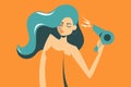 Woman in towel dry her hair using hair dryer. Beautiful female Royalty Free Stock Photo