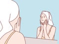 Woman towel on head bathroom looking touch face in mirror simple korean style illustration