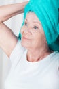 Woman with towel on head