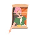 Woman with Towel on Head in Open Window Pointing Finger Vector Illustration Royalty Free Stock Photo