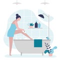 Woman in towel shaves legs in bath. Female character uses razor to remove hair on leg. Depilation and skin care concept