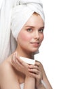 Woman in towel with soap Royalty Free Stock Photo
