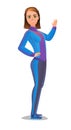 Woman in tracksuit. Girl got ready for sports activities. Cheerful person. Standing pose. Cartoon comic style flat