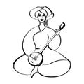 Woman in traditional dress sing and play on ethnic musical instrument. Vector illustration.